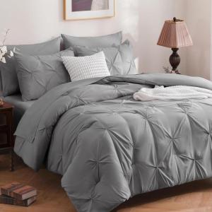 imageDOWNCOOL 7 Pieces Grey Queen Comforter Set Pintuck Bed in A Bag Queen Pinch Pleat Bed Set Soft Microfiber All Season Bedding Set with Sheets Pillowcases ampamp ShamsGrey