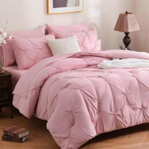 imageDOWNCOOL 7 Pieces Grey Queen Comforter Set Pintuck Bed in A Bag Queen Pinch Pleat Bed Set Soft Microfiber All Season Bedding Set with Sheets Pillowcases ampamp ShamsPink