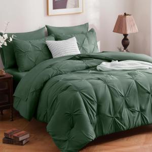 imageDOWNCOOL 7 Pieces Grey Queen Comforter Set Pintuck Bed in A Bag Queen Pinch Pleat Bed Set Soft Microfiber All Season Bedding Set with Sheets Pillowcases ampamp ShamsDark Green