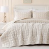 image:imageDOWNCOOL Velvet Quilt Set Queen Size 3 Pieces Soft Lightweight Quilted Velvet Bedspread Coverlet Bedding with 2 Pillow Shams for All Season Olive GreenCream White