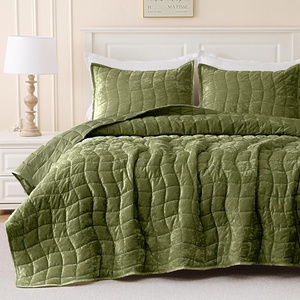 image:imageDOWNCOOL Velvet Quilt Set Queen Size 3 Pieces Soft Lightweight Quilted Velvet Bedspread Coverlet Bedding with 2 Pillow Shams for All Season Olive GreenOlive Green