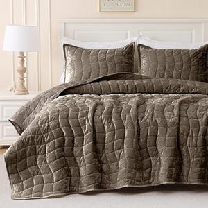 image:imageDOWNCOOL Velvet Quilt Set Queen Size 3 Pieces Soft Lightweight Quilted Velvet Bedspread Coverlet Bedding with 2 Pillow Shams for All Season Olive GreenMocha Brown